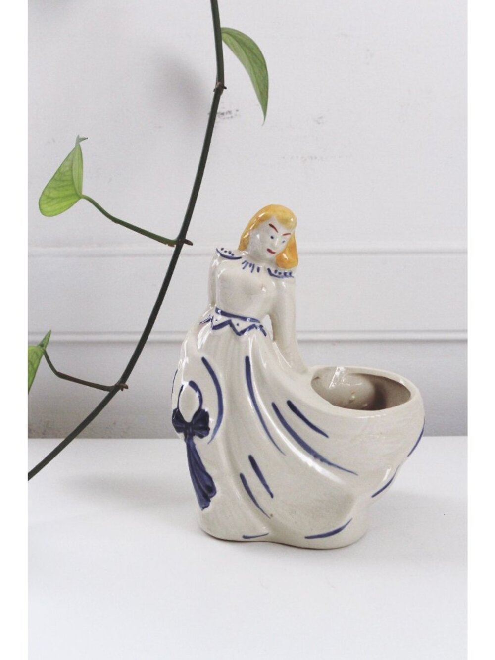 Vintage Ceramic Lady Figurine Planter With Blue & Yellow Hand-Painted - Mid Cent